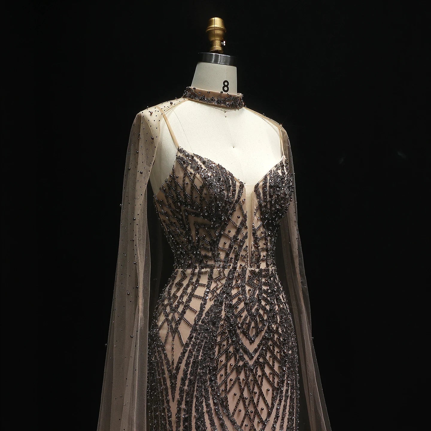 Sharon Said Glamorous Beaded Brown Gray Memaid Evening Gown