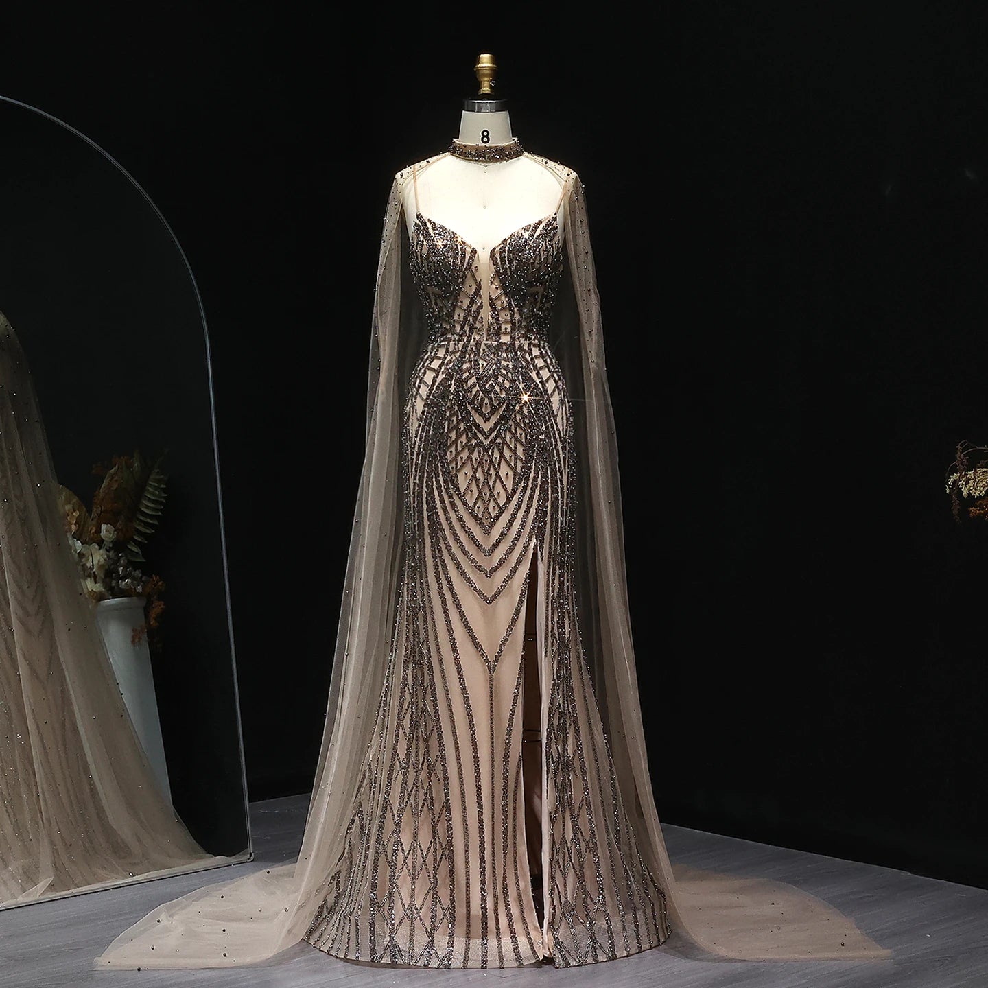Sharon Said Glamorous Beaded Brown Gray Memaid Evening Gown
