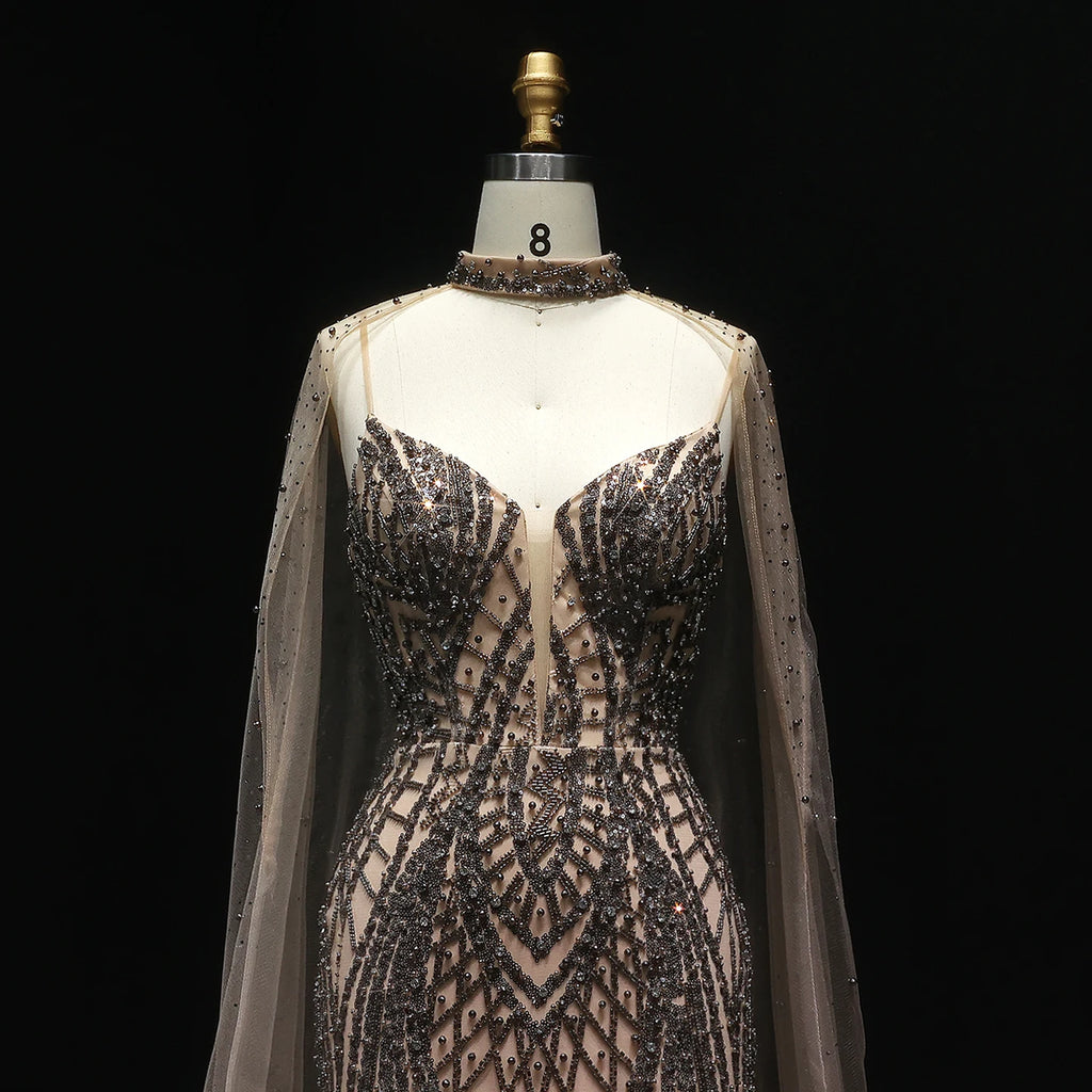 Sharon Said Glamorous Beaded Brown Gray Memaid Evening Gown