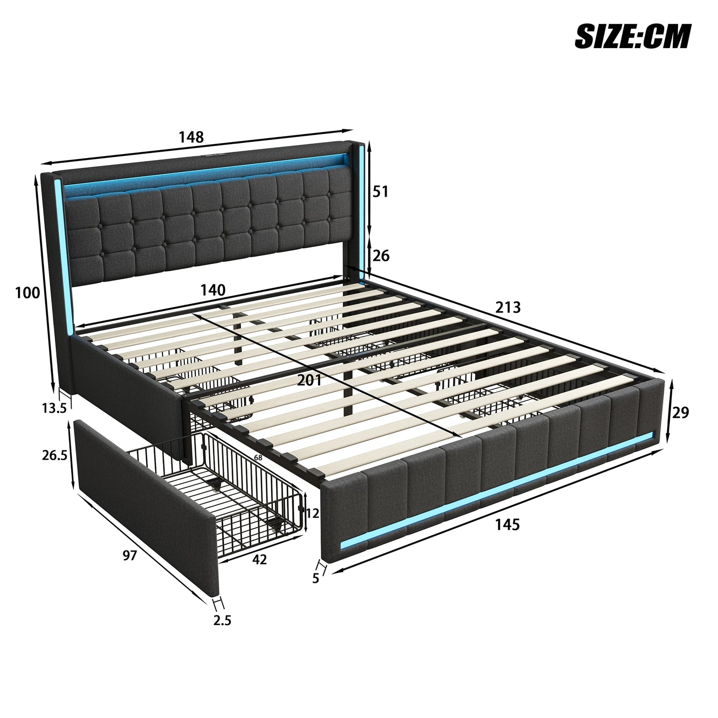 WoodenAura LED Bed Frame with Storage