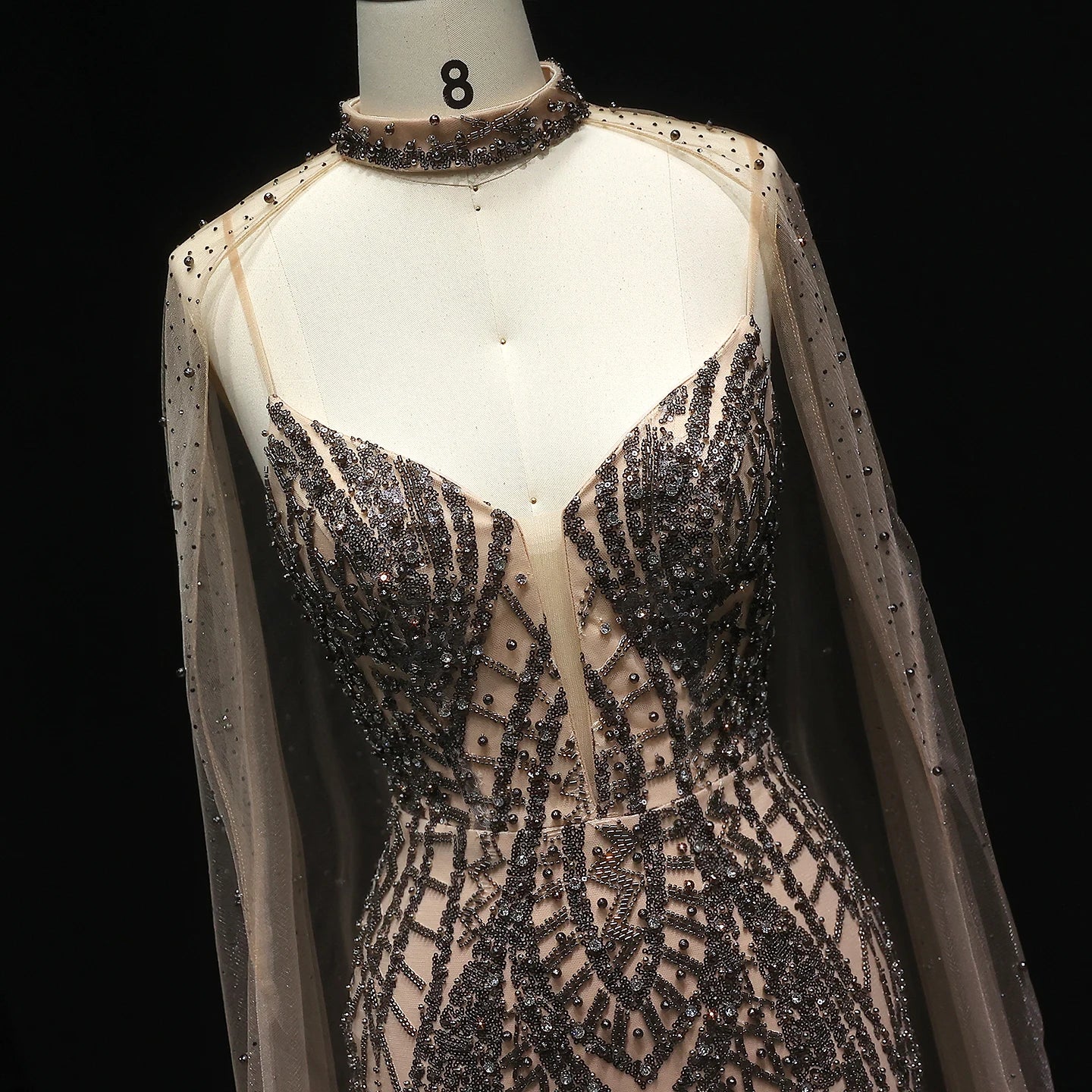 Sharon Said Glamorous Beaded Brown Gray Memaid Evening Gown