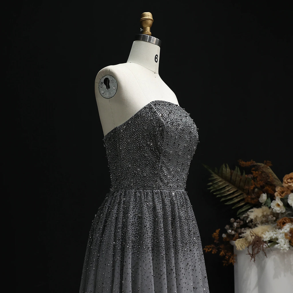 Sharon Said Glamorous Beaded Brown Gray Memaid Evening Gown