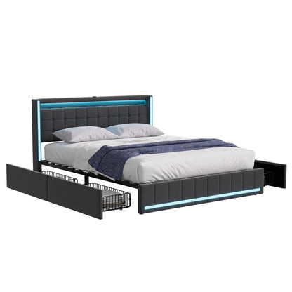 WoodenAura LED Bed Frame with Storage