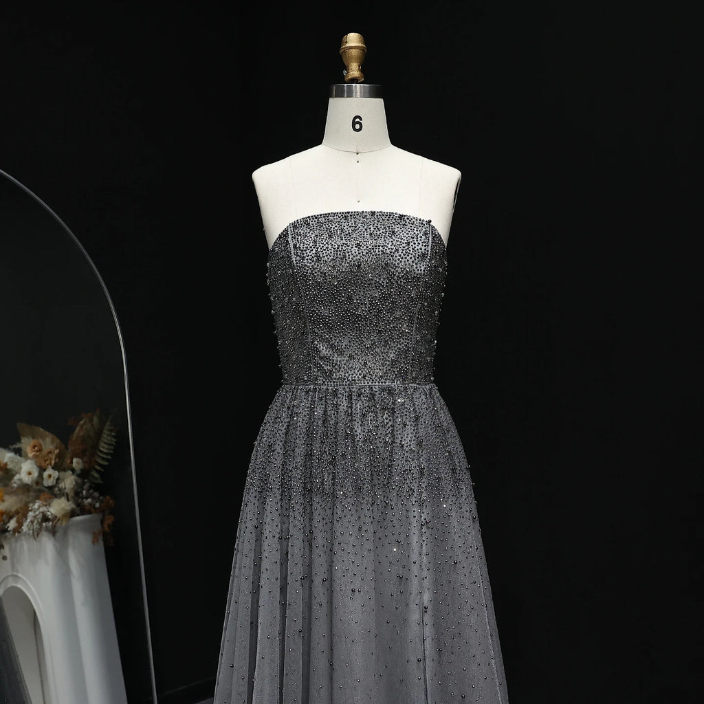 Sharon Said Glamorous Beaded Brown Gray Memaid Evening Gown