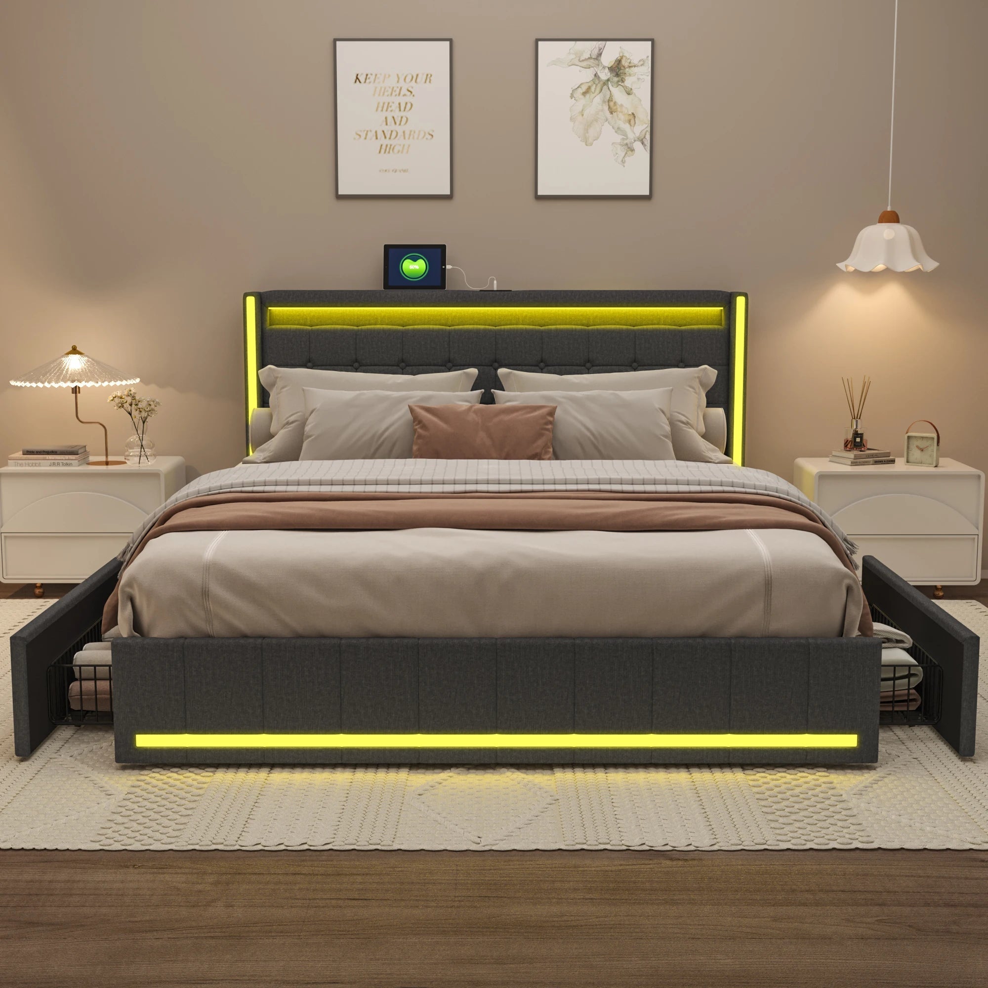 WoodenAura LED Bed Frame with Storage WoodenAura