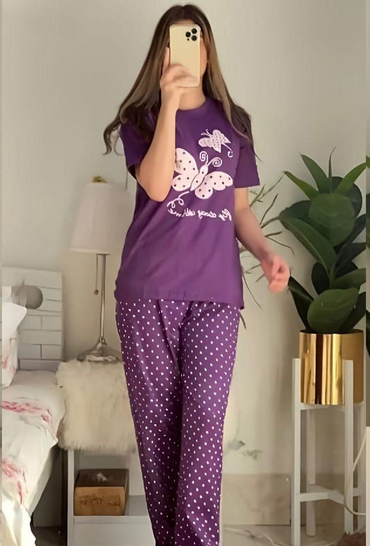 Cotton Jersey Night Suit - Purple (2 Piece)