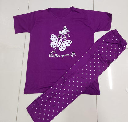 Cotton Jersey Night Suit - Purple (2 Piece)