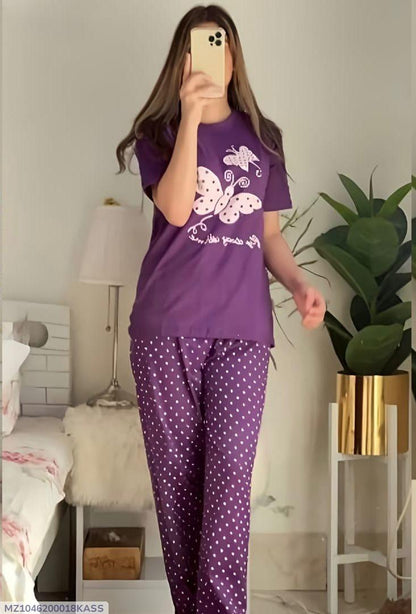 Cotton Jersey Night Suit - Purple (2 Piece)