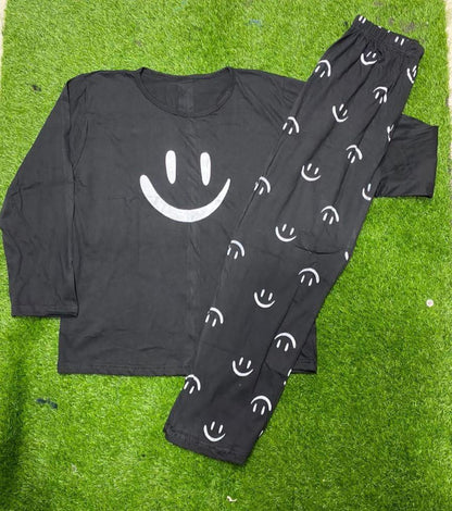 Cotton Jersey Lounge Wear Set - Black Printed 2 Piece Sleepwear