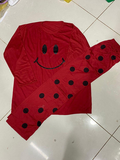 Red Printed Cotton Jersey Night Suit - 2 Piece Set
