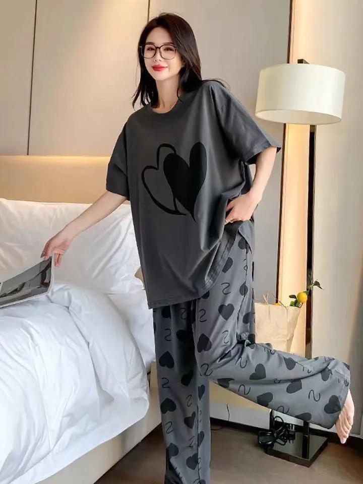 Cotton Jersey Lounge Wear Set - Grey Printed 2 Piece Sleepwear
