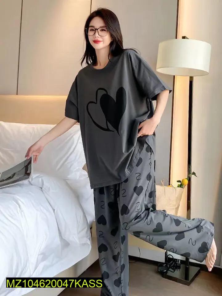 Cotton Jersey Lounge Wear Set - Grey Printed 2 Piece Sleepwear