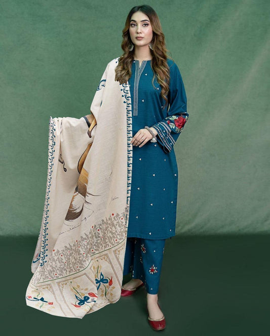 Blue Lawn Embroidered Three Piece Set