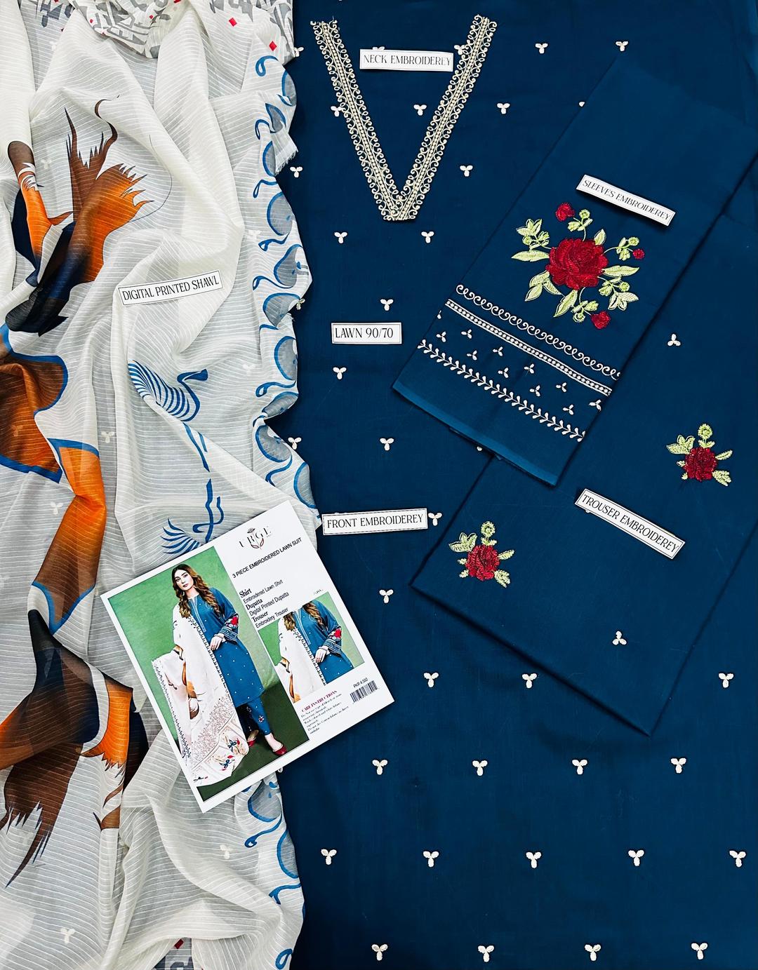 Blue Lawn Embroidered Three Piece Set