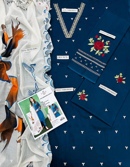 Blue Lawn Embroidered Three Piece Set