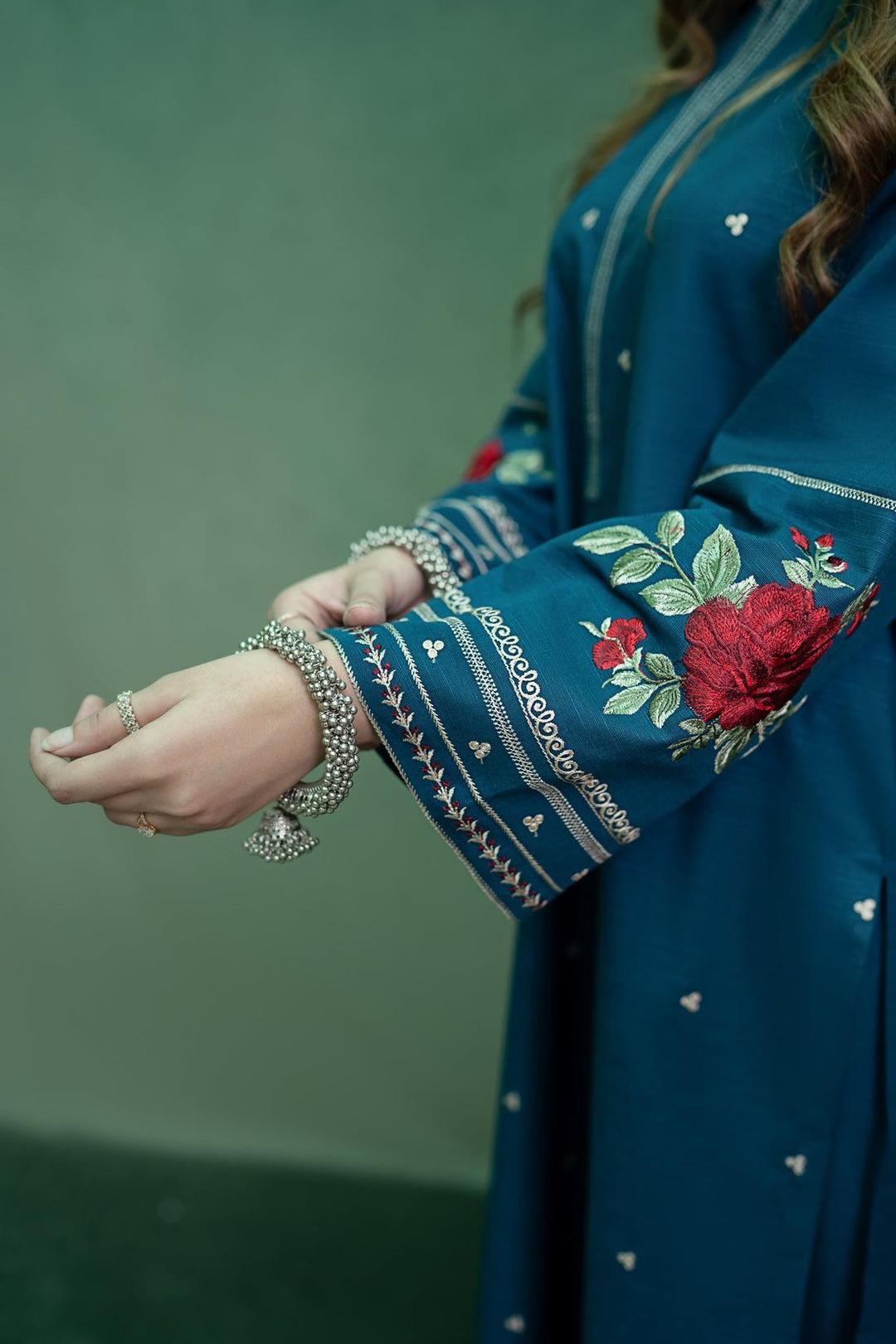 Blue Lawn Embroidered Three Piece Set