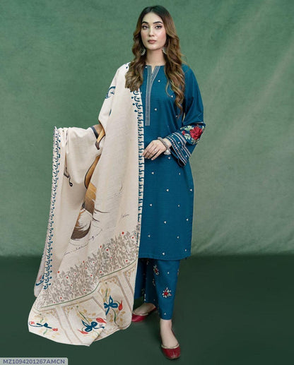 Blue Lawn Embroidered Three Piece Set