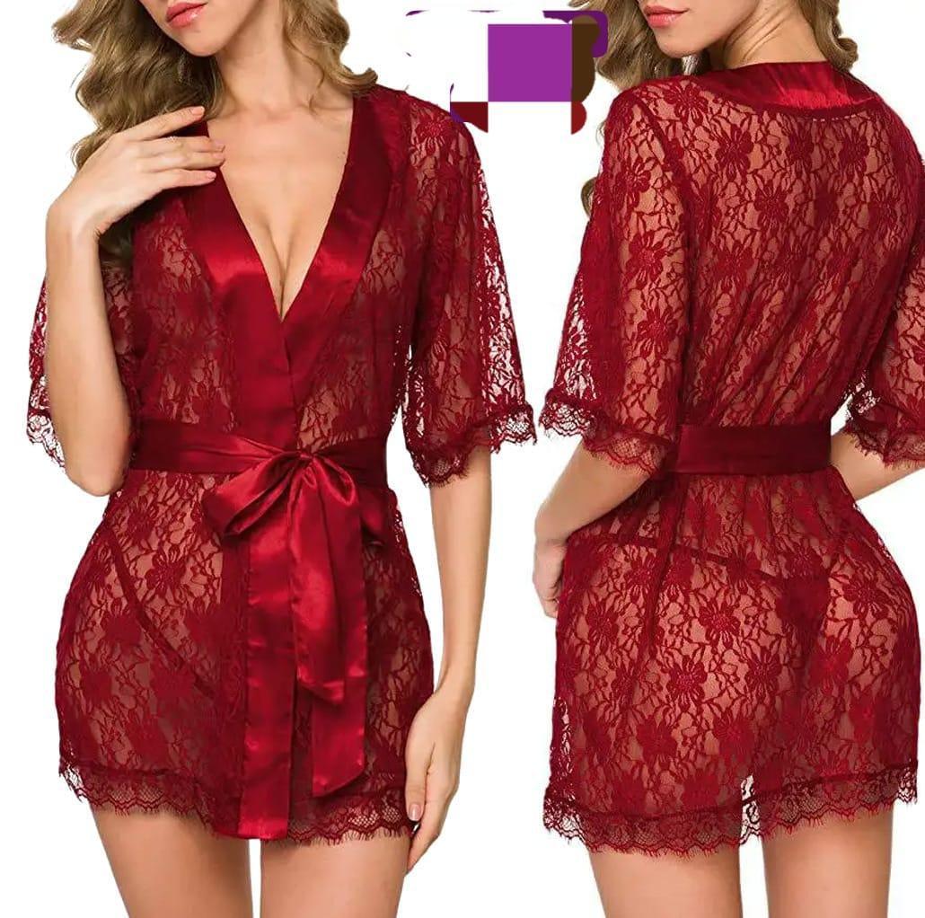 Red Lace Nightgown - Breathable Net Fabric with Delicate Lace Pattern