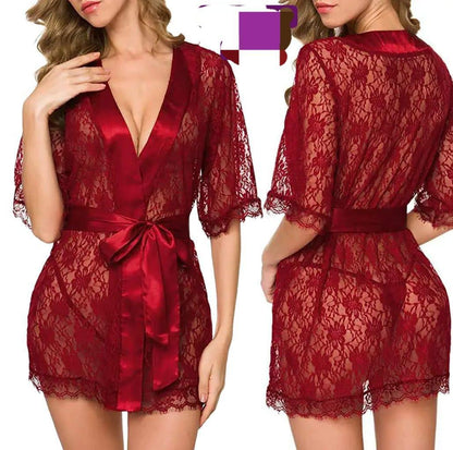 Red Lace Nightgown - Breathable Net Fabric with Delicate Lace Pattern