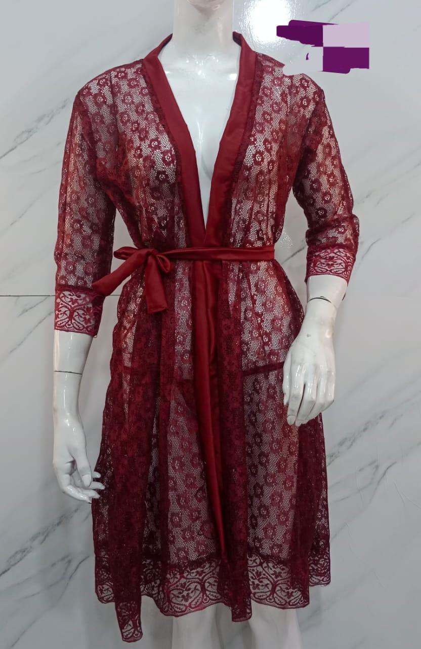 Red Lace Nightgown - Breathable Net Fabric with Delicate Lace Pattern