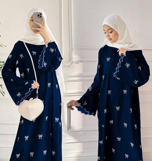 Chiffon Embroidered Classic Abaya - Round Neck