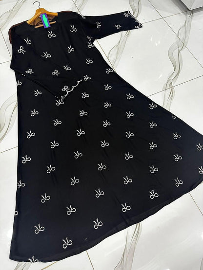 Chiffon Embroidered Classic Abaya - Round Neck