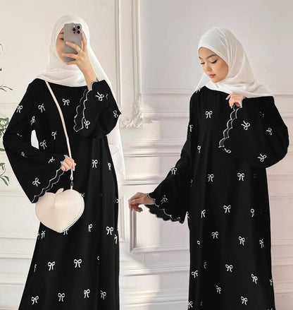 Chiffon Embroidered Classic Abaya - Round Neck