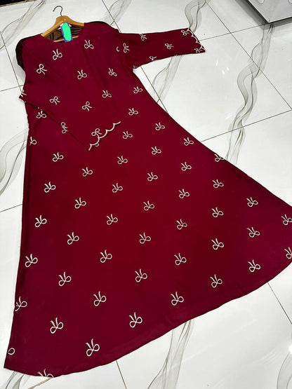 Chiffon Embroidered Classic Abaya - Round Neck