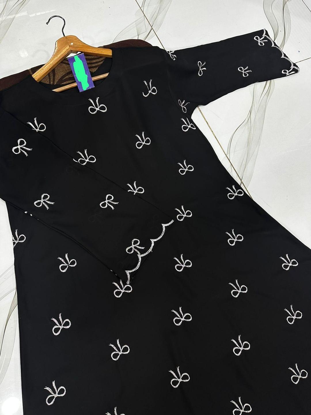 Chiffon Embroidered Classic Abaya - Round Neck