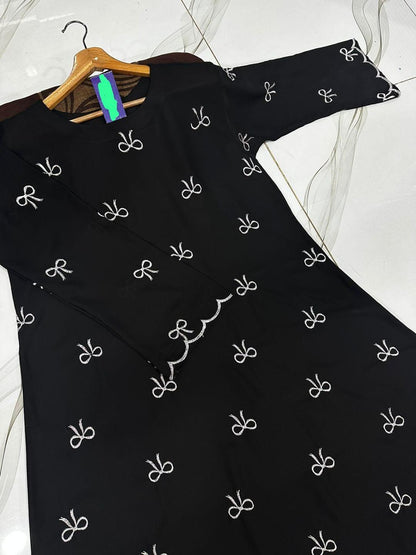 Chiffon Embroidered Classic Abaya - Round Neck