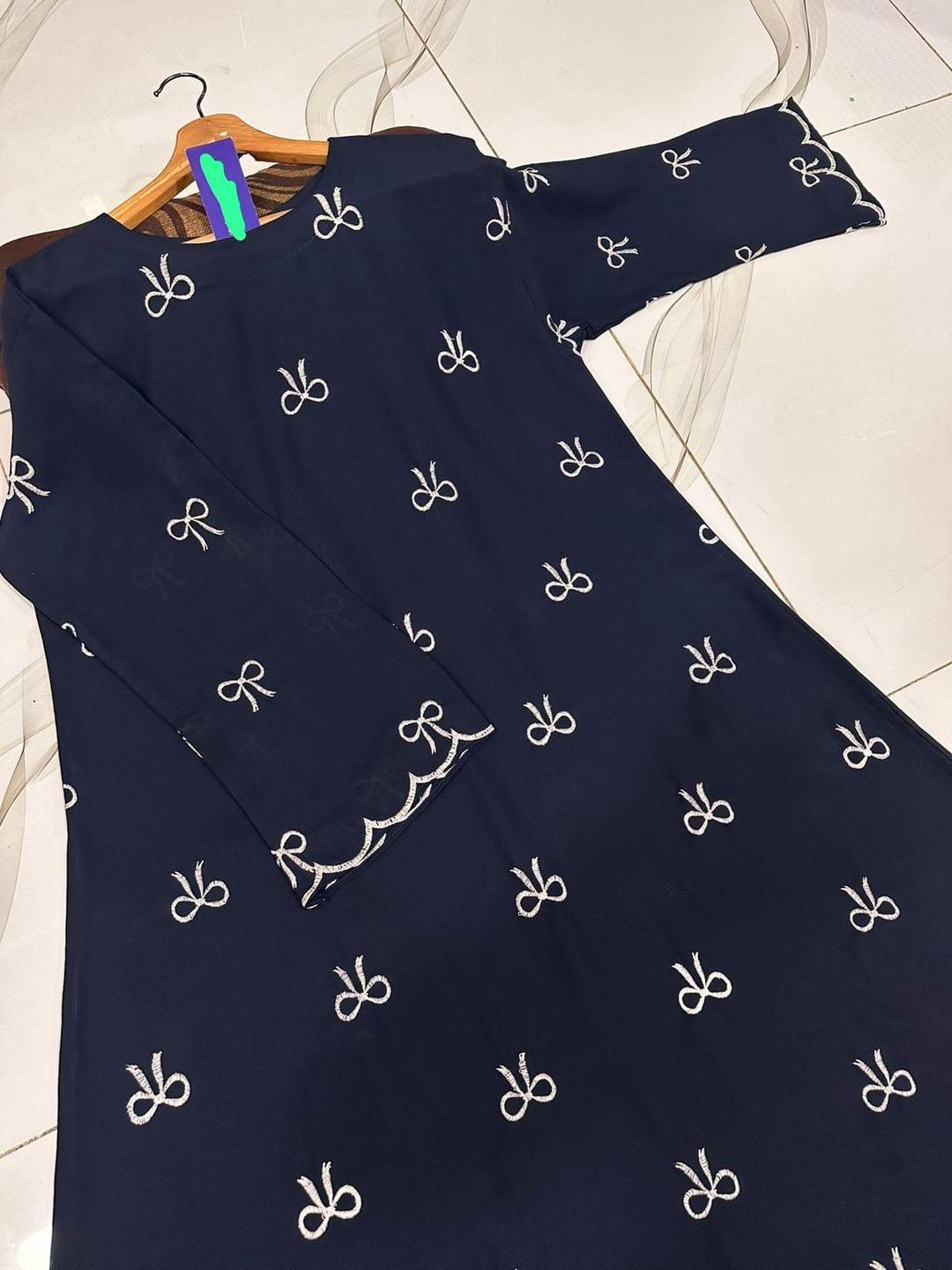Chiffon Embroidered Classic Abaya - Round Neck
