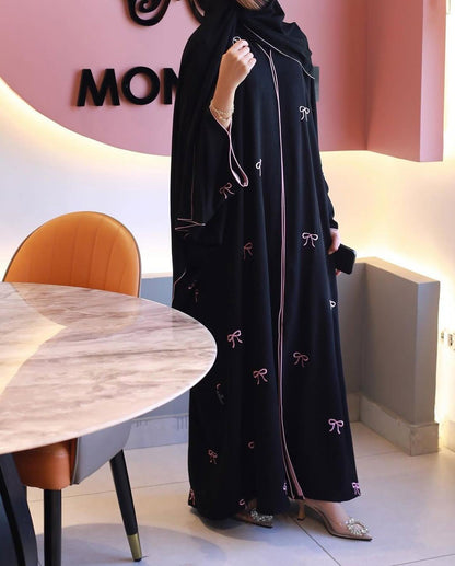 Trending Bow Abaya with Stoller - Embroidered Piping Work
