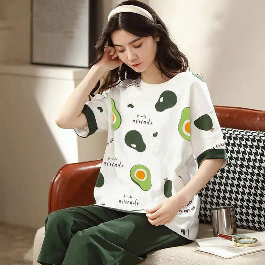 2 Pcs Women's Night Suit - Green Cotton Jersey Printed Sleepwear