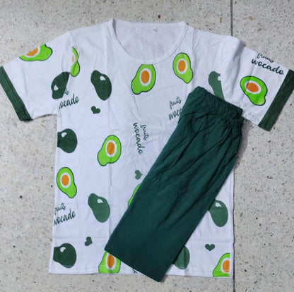 2 Pcs Women's Night Suit - Green Cotton Jersey Printed Sleepwear