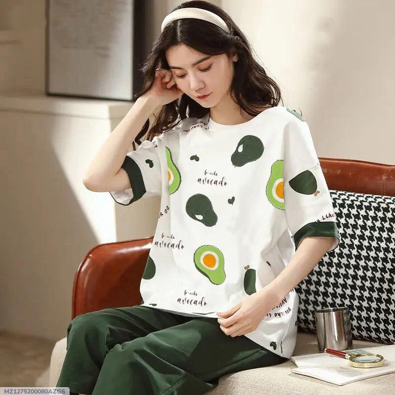 2 Pcs Women's Night Suit - Green Cotton Jersey Printed Sleepwear