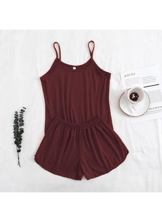 Maroon Cotton Jersey Summer Set - Tank Top & Shorts Camisole Set