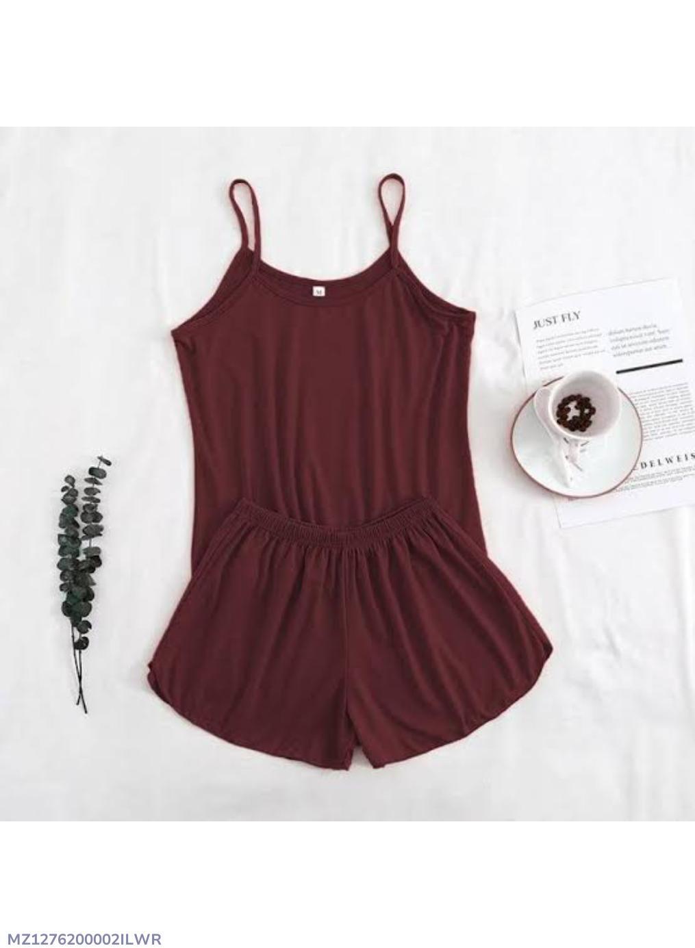 Maroon Cotton Jersey Summer Set - Tank Top & Shorts Camisole Set