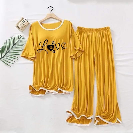 Yellow Printed Cotton Jersey Night Suit - 2 Piece Set