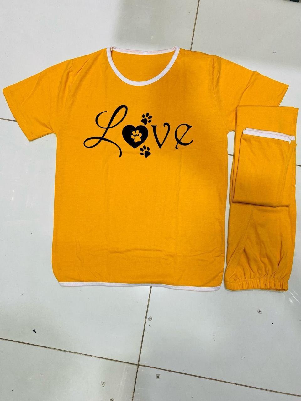 Yellow Printed Cotton Jersey Night Suit - 2 Piece Set