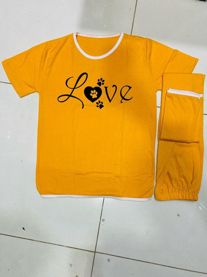 Yellow Printed Cotton Jersey Night Suit - 2 Piece Set