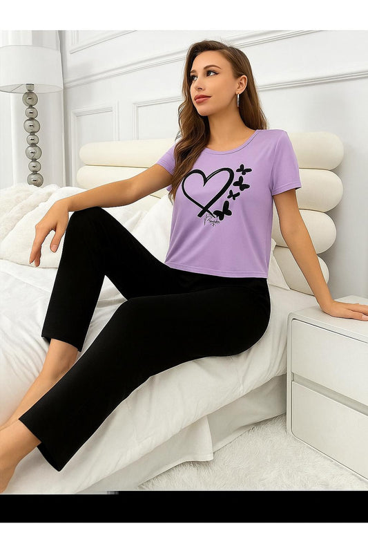 Cotton Jersey Night Suit - Purple Printed 2 Piece Sleepwear