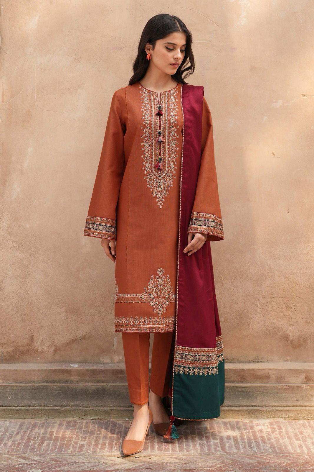 Orange Lawn Embroidered Three Piece Set