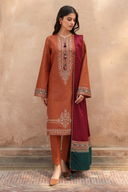 Orange Lawn Embroidered Three Piece Set