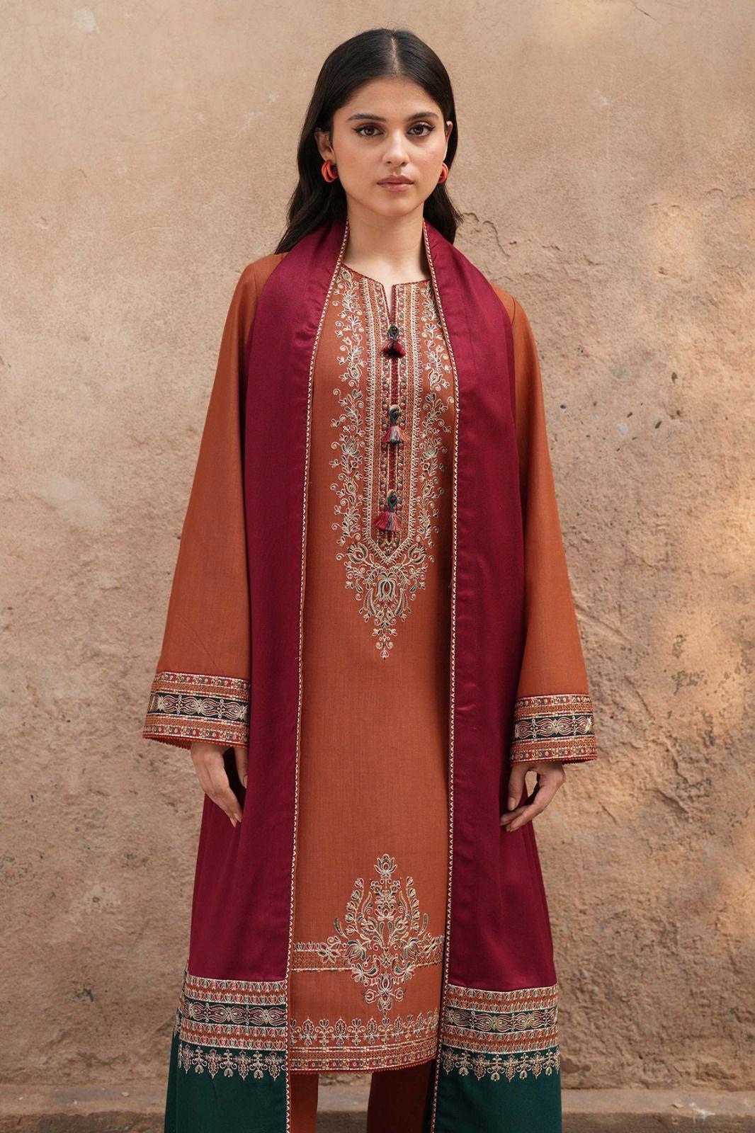 Orange Lawn Embroidered Three Piece Set