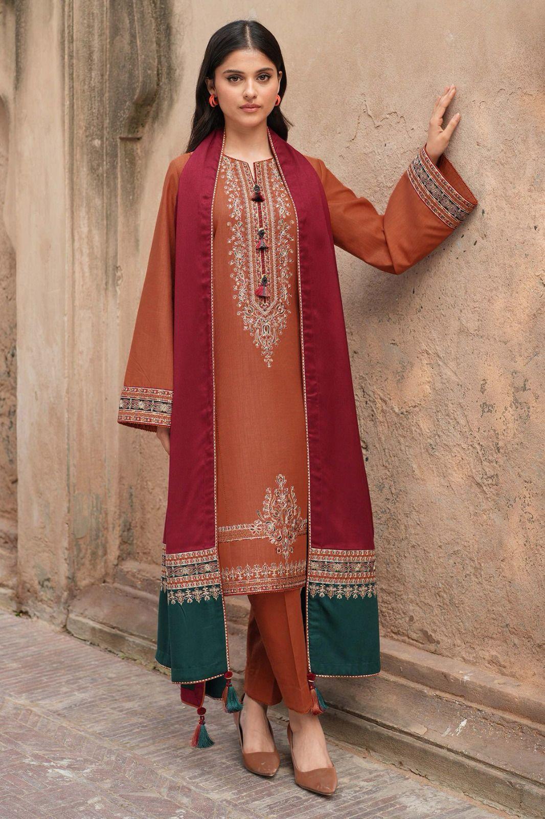 Orange Lawn Embroidered Three Piece Set