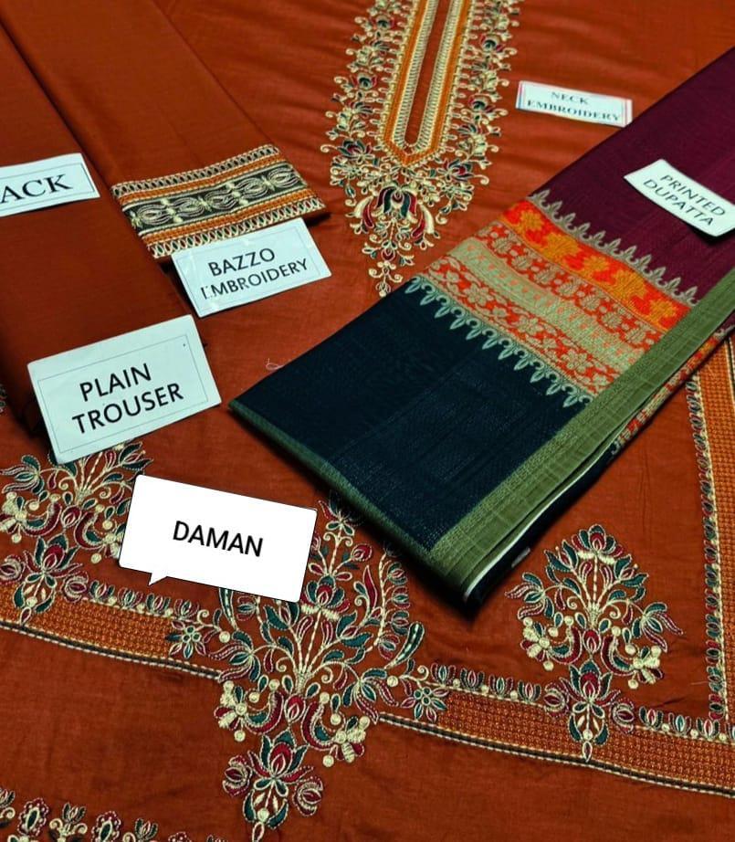 Orange Lawn Embroidered Three Piece Set