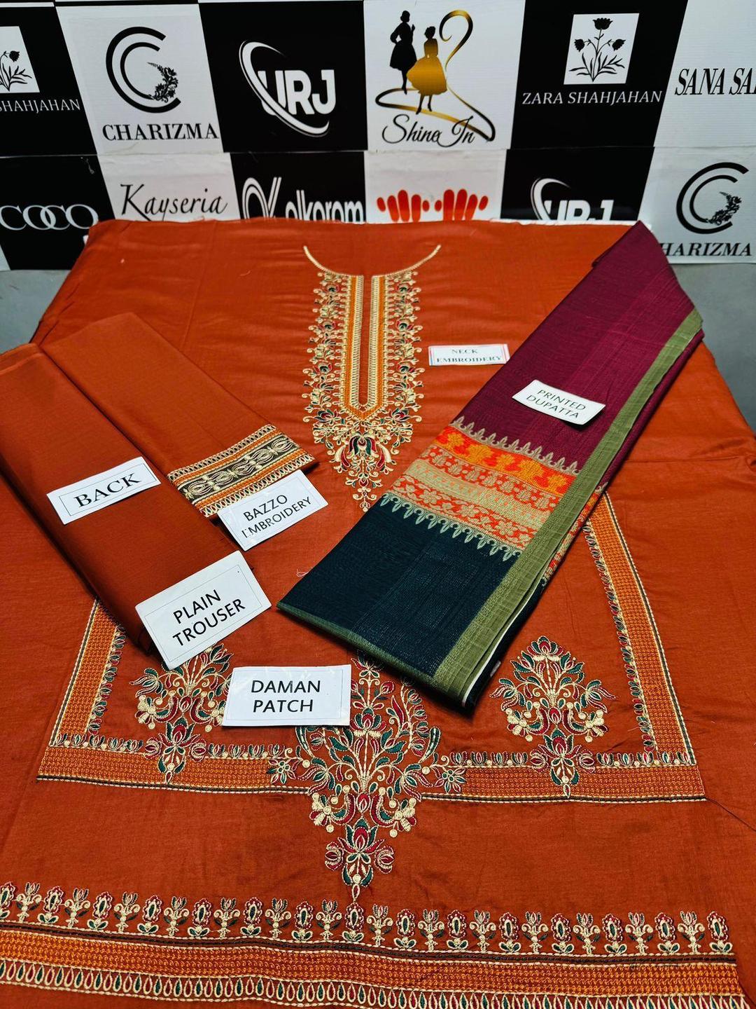 Orange Lawn Embroidered Three Piece Set