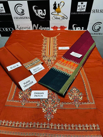 Orange Lawn Embroidered Three Piece Set