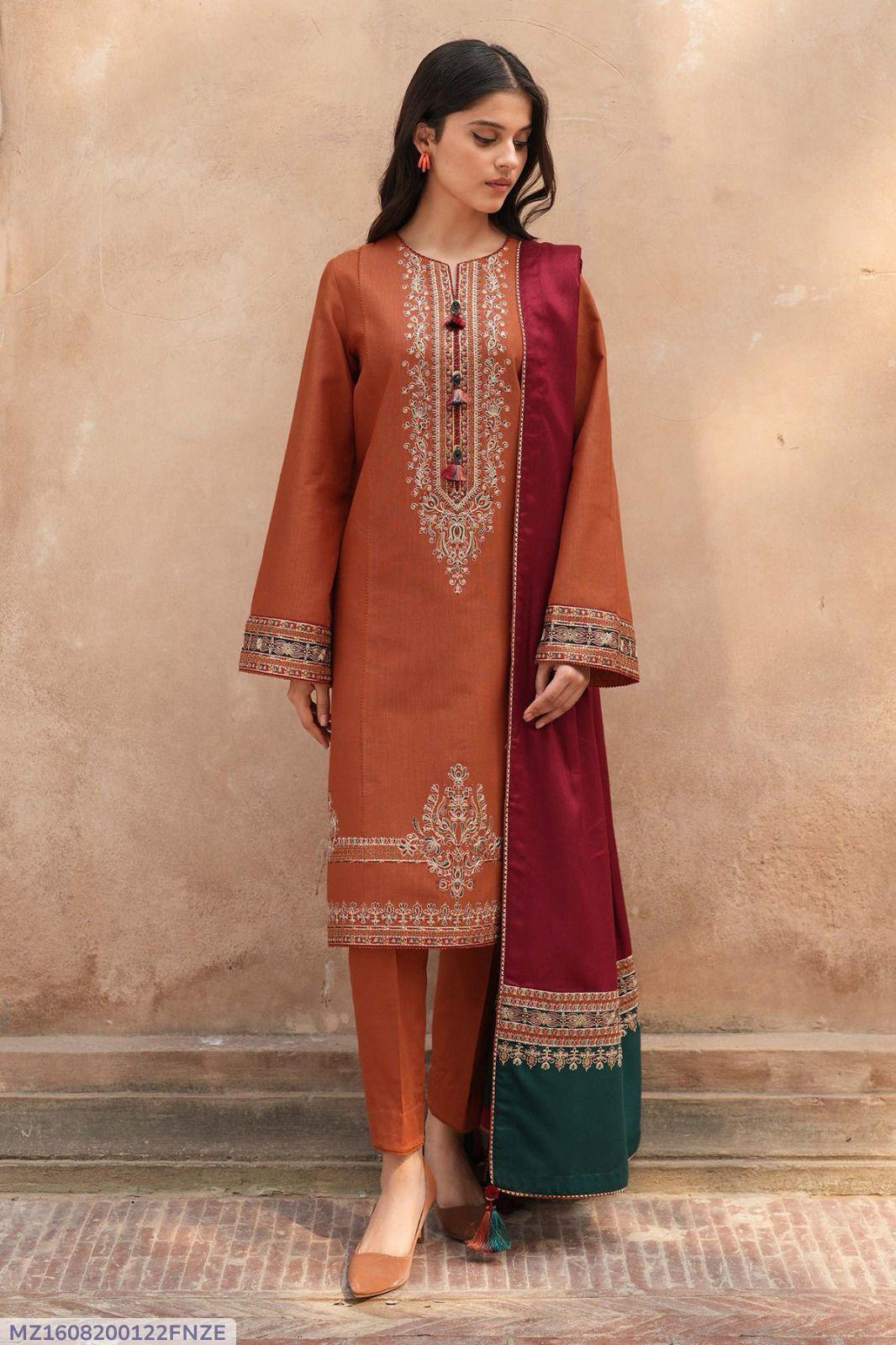 Orange Lawn Embroidered Three Piece Set