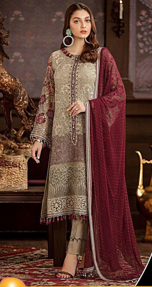 Brown Flossie Chiffon Embroidered Three Piece